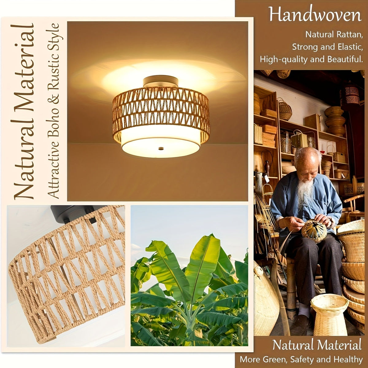 Boho Rattan Linen Ceiling Light