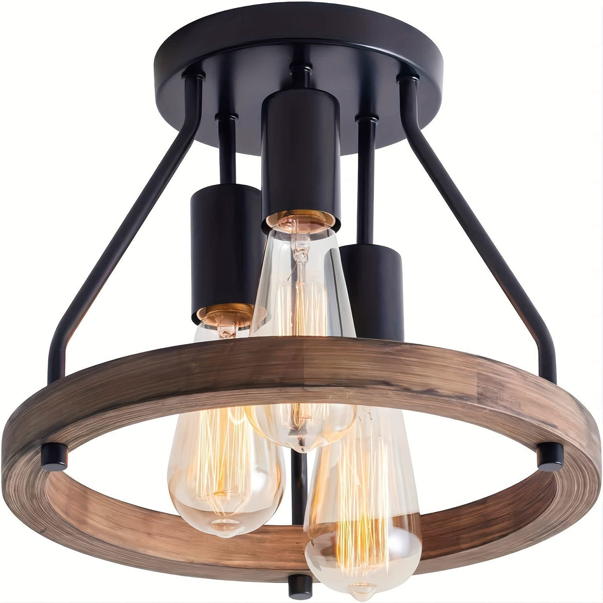 Industrial Wood Ring 3-Light Ceiling Fixture