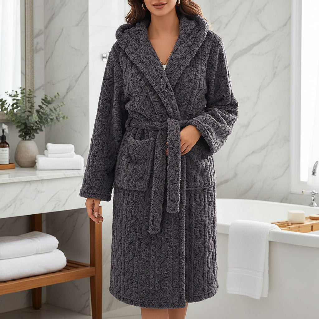 Cozy Crest Hooded Coral Fleece Robe - Full-Length Plush Bathrobe with Hood, M to 2XL, Multiple Colors, Winter Loungewear