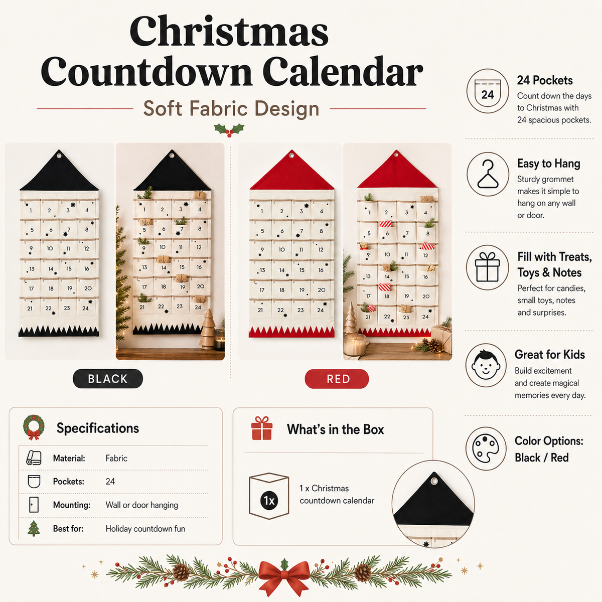 Cozy Crest Fabric Christmas Countdown Calendar - Reusable Advent Calendar with Pockets, Black or Red, Hanging Holiday Decor