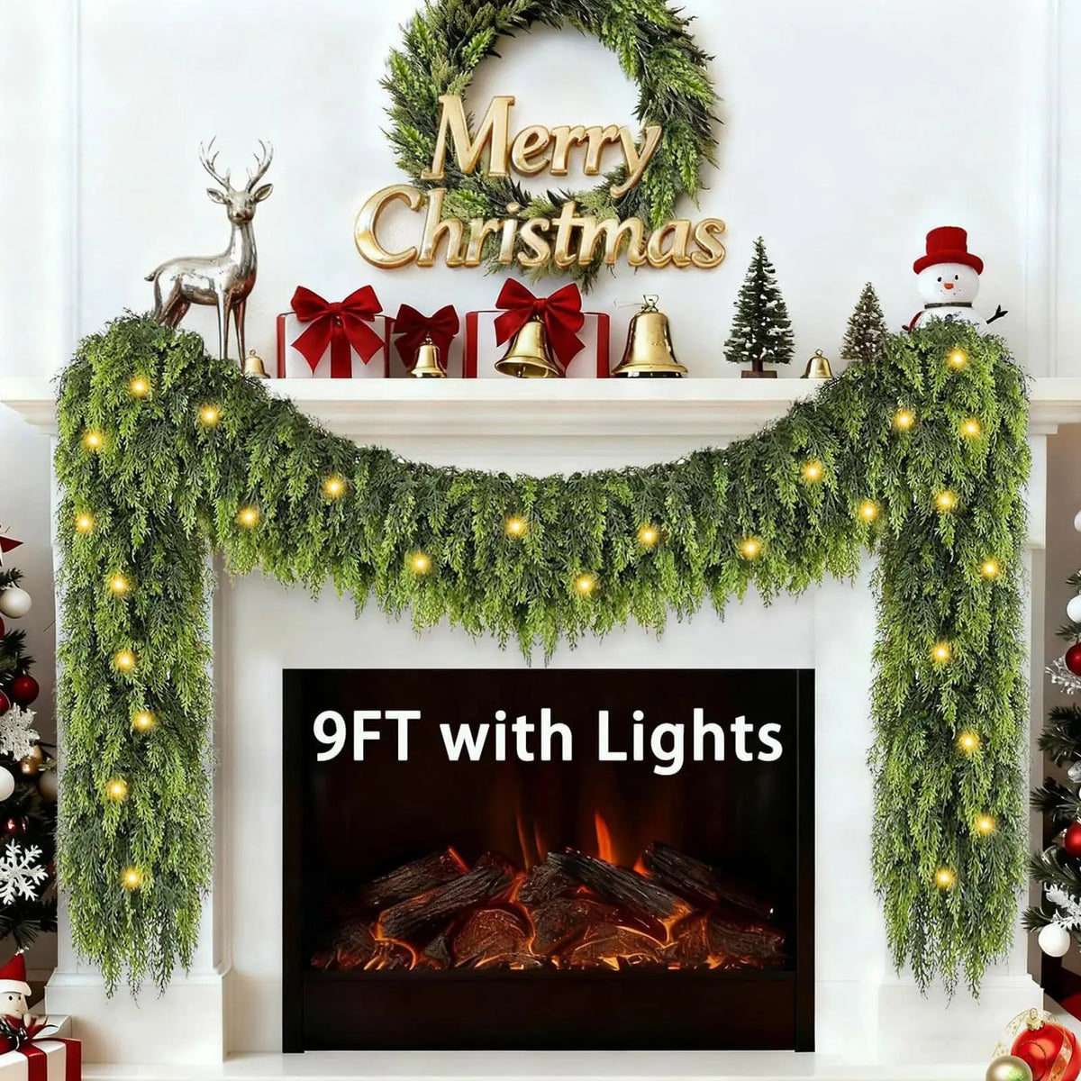 Lighted cedar garland draped on a fireplace mantel