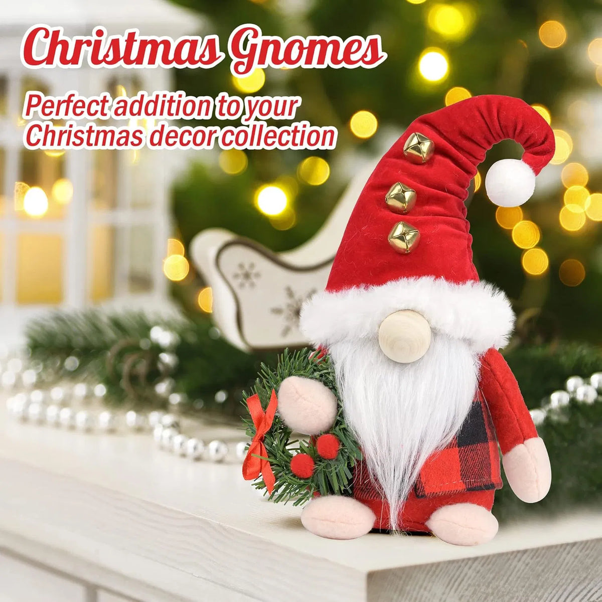 Pair of plush Christmas gnomes in red and green hats