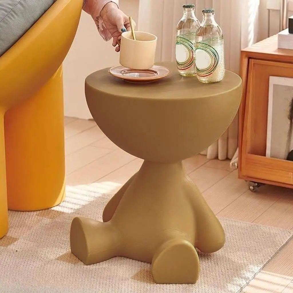 Cartoon bear shaped wooden side table in a living room