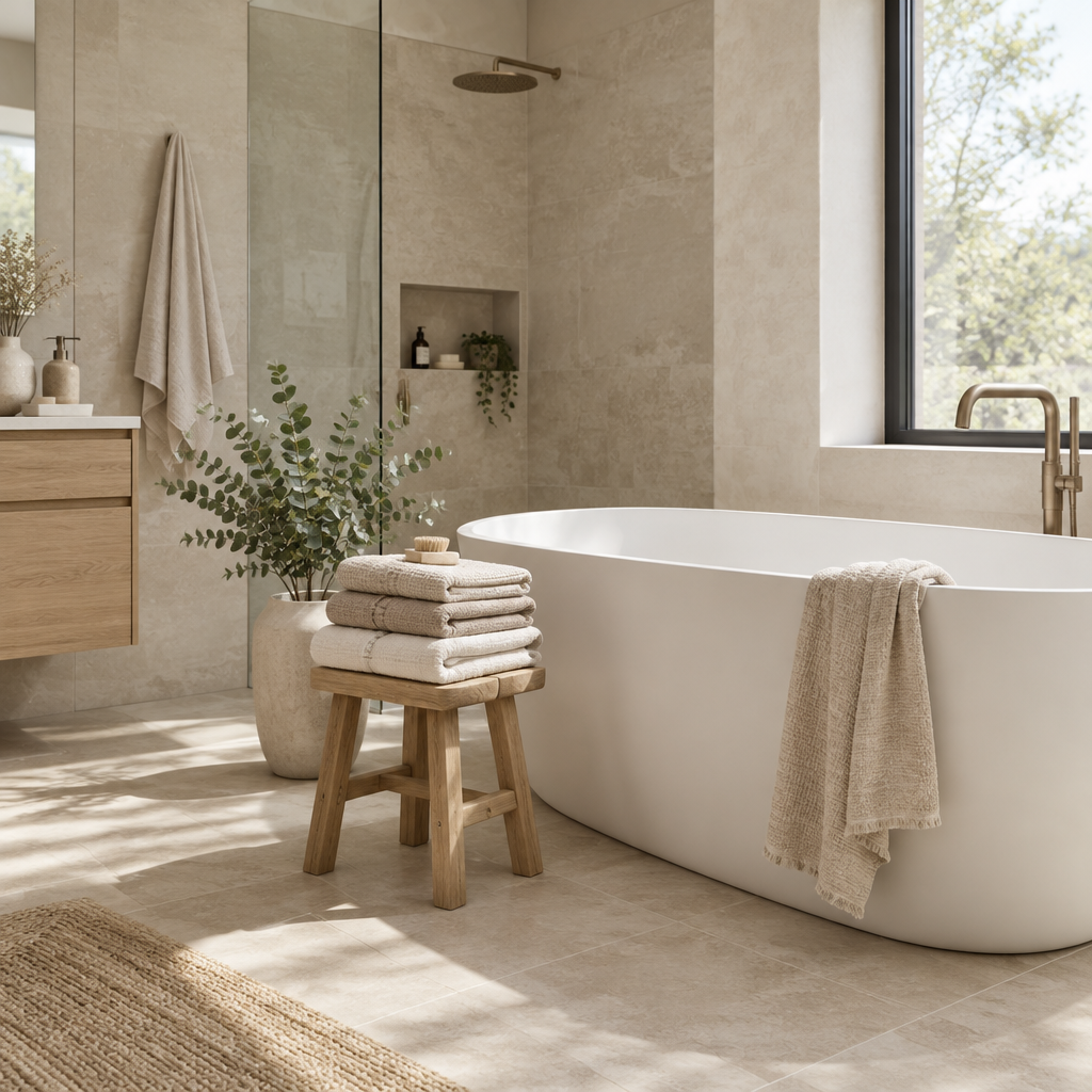Calm modern bathroom with a freestanding bath, folded towels on a wooden stool and soft natural light
