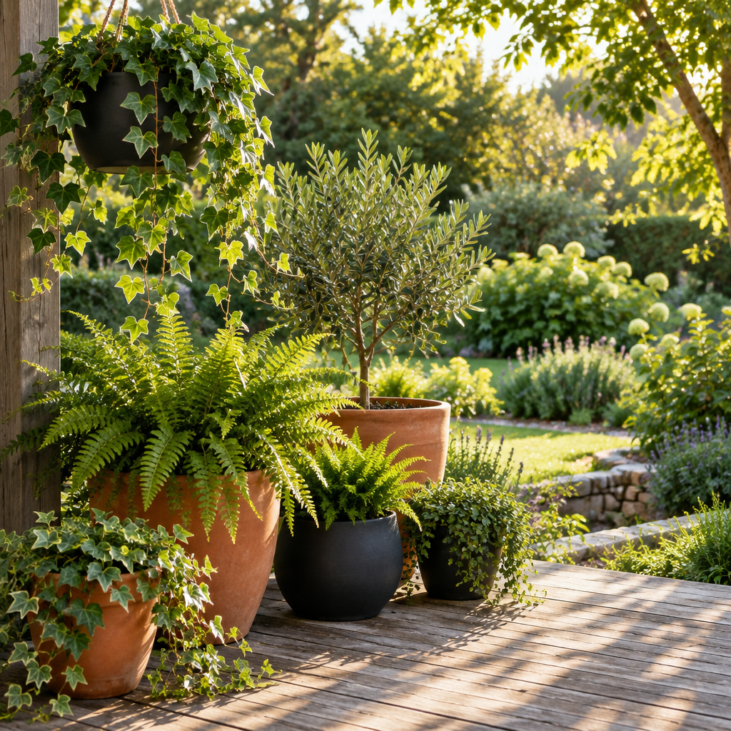 Potted ferns, ivy and an olive tree on a sunlit outdoor garden deck