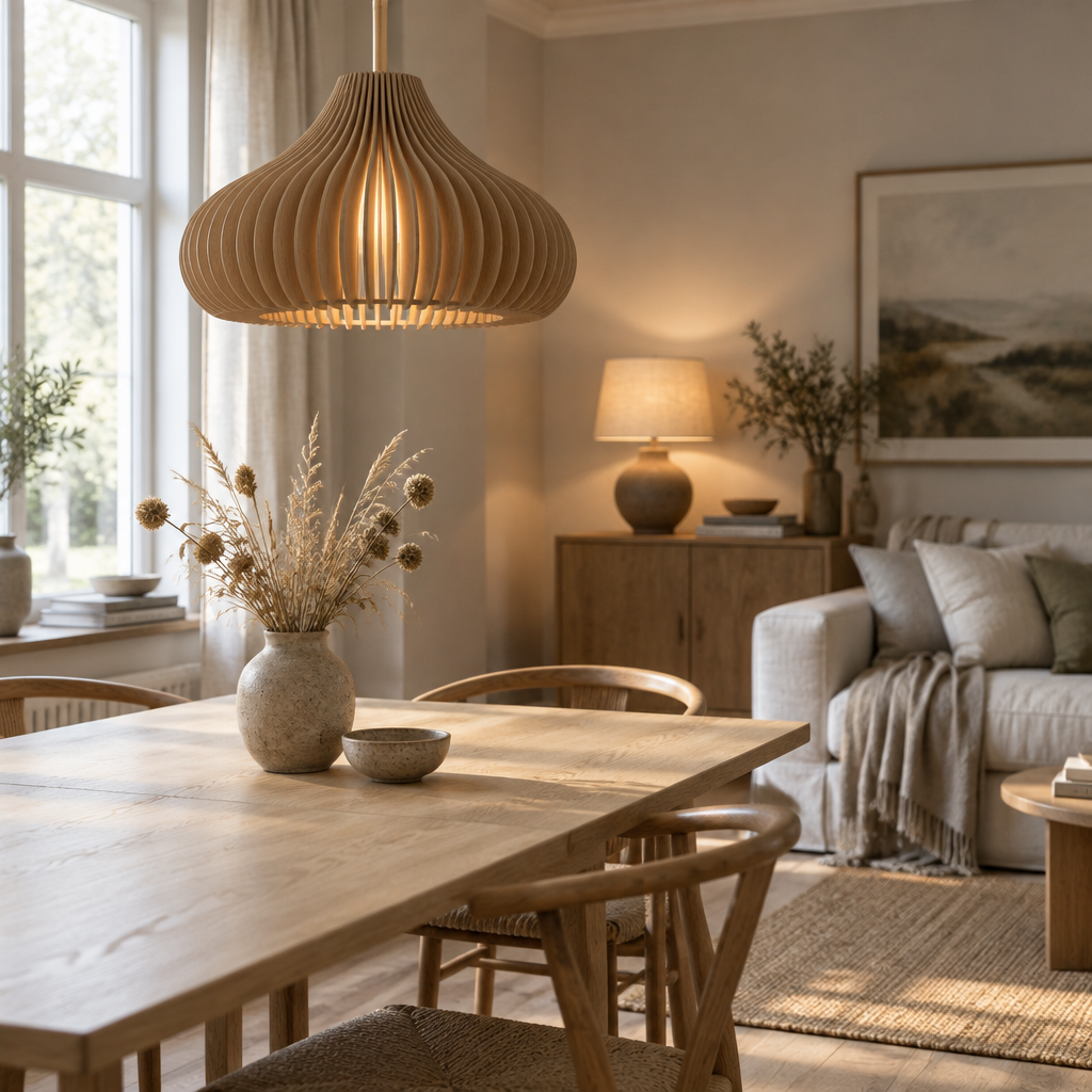 Sunlit living room with a sculptural oak pendant lamp above a light oak table and a warm ceramic table lamp on a sideboard