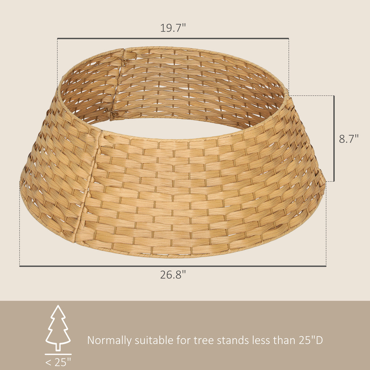 Natural woven Christmas tree collar around the base of a tree