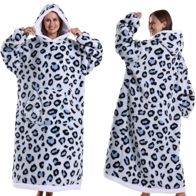 Fleece wearable blanket hoodie, blue leopard print
