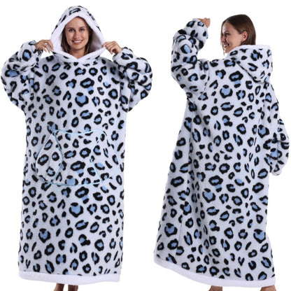 Fleece wearable blanket hoodie, blue leopard print