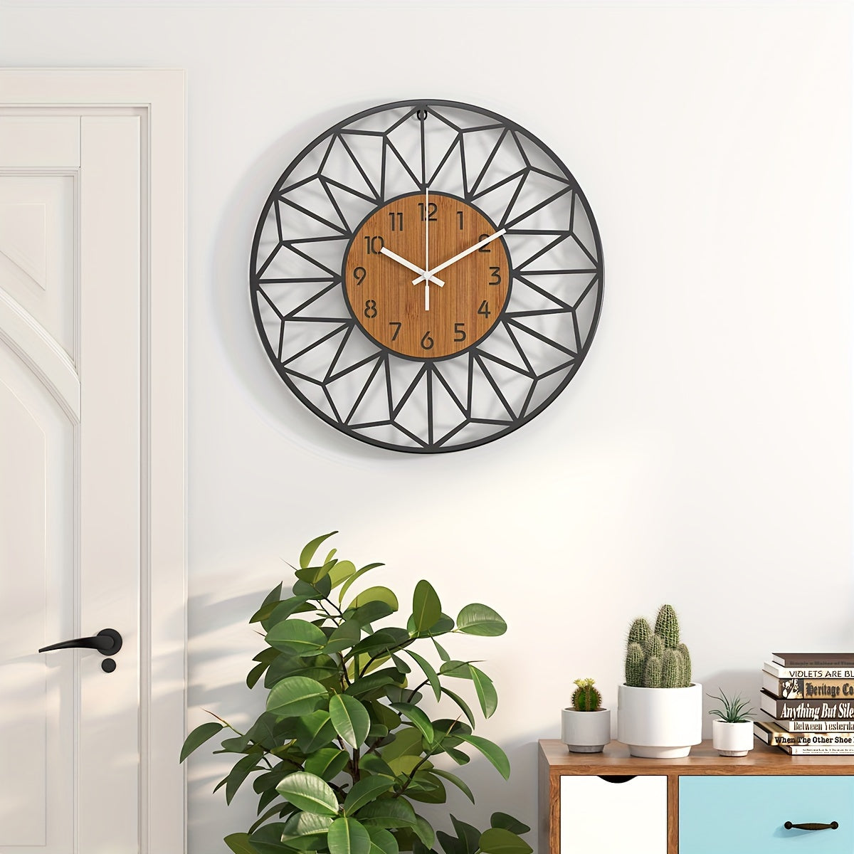 Metal Wall Clock with Wood Grain Center