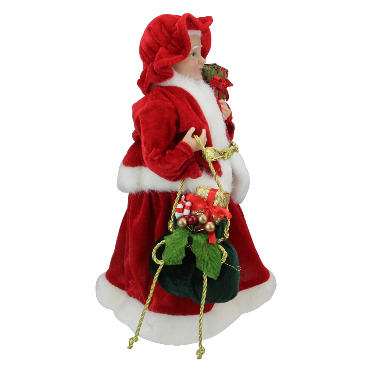 12 inch Mrs. Claus Christmas figure holding a gift and bag