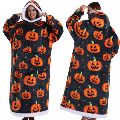 Fleece wearable blanket hoodie, Gray Pumpkin print