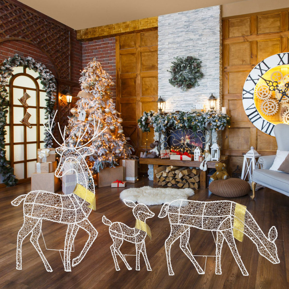 Set of three white lighted reindeer Christmas decorations