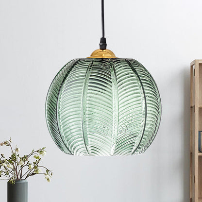 Retro Green Ribbed Glass Pendant Lamp