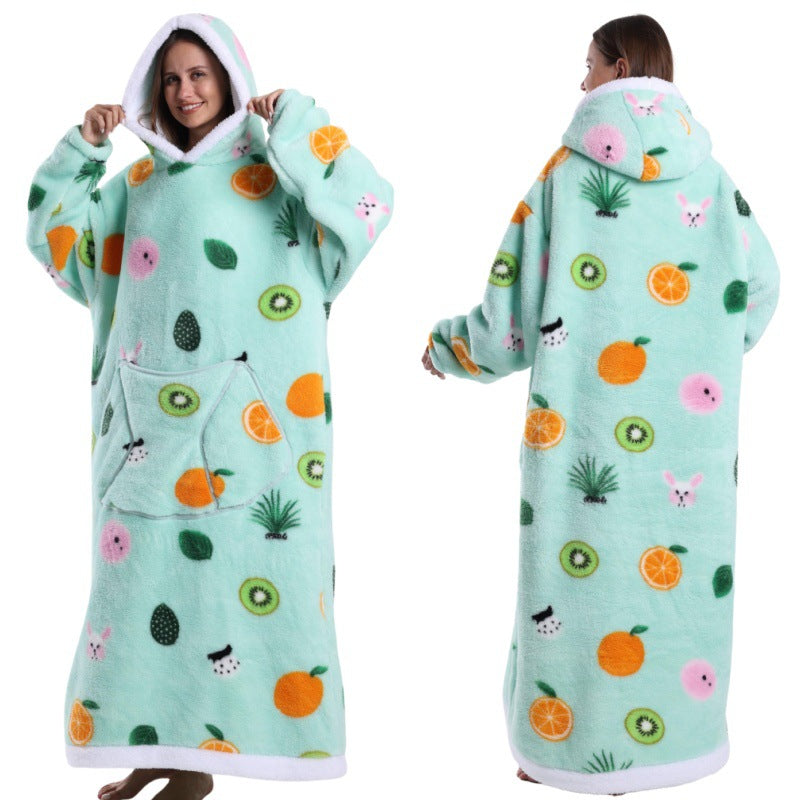 Fleece wearable blanket hoodie, green background orange print