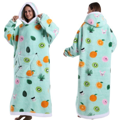 Fleece wearable blanket hoodie, green background orange print