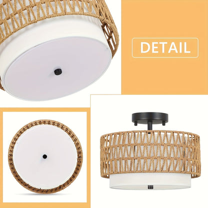 Boho Rattan Linen Ceiling Light