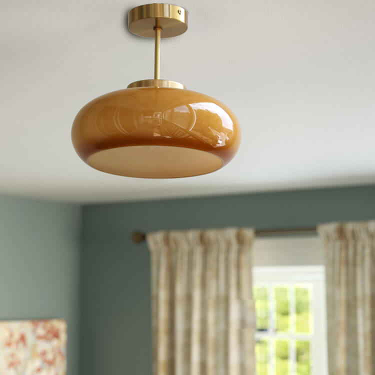 Vintage Brass & Amber Glass Ceiling Light