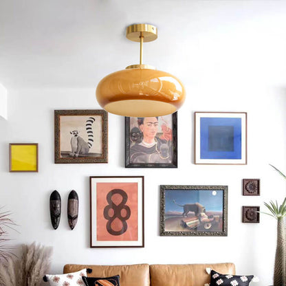Vintage Brass & Amber Glass Ceiling Light