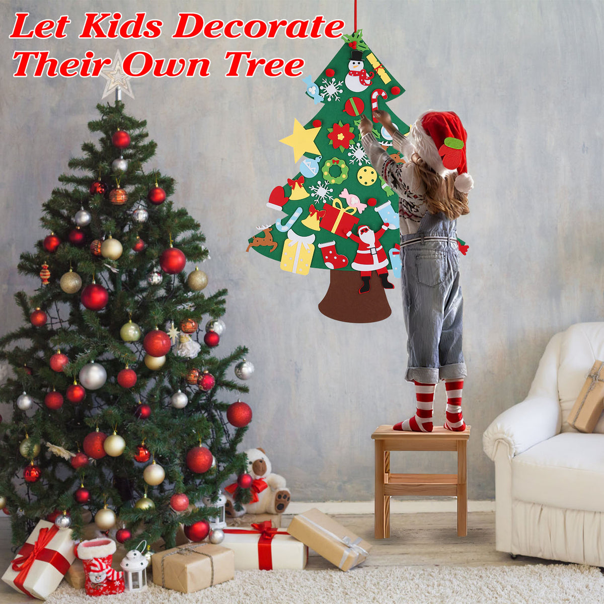 Felt Christmas tree wall hanging with colorful felt ornaments