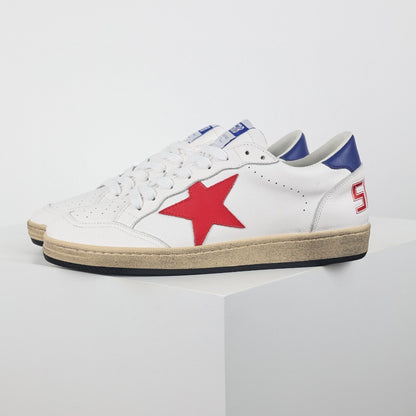 Star patch leather low-top sneakers, red star with blue heel