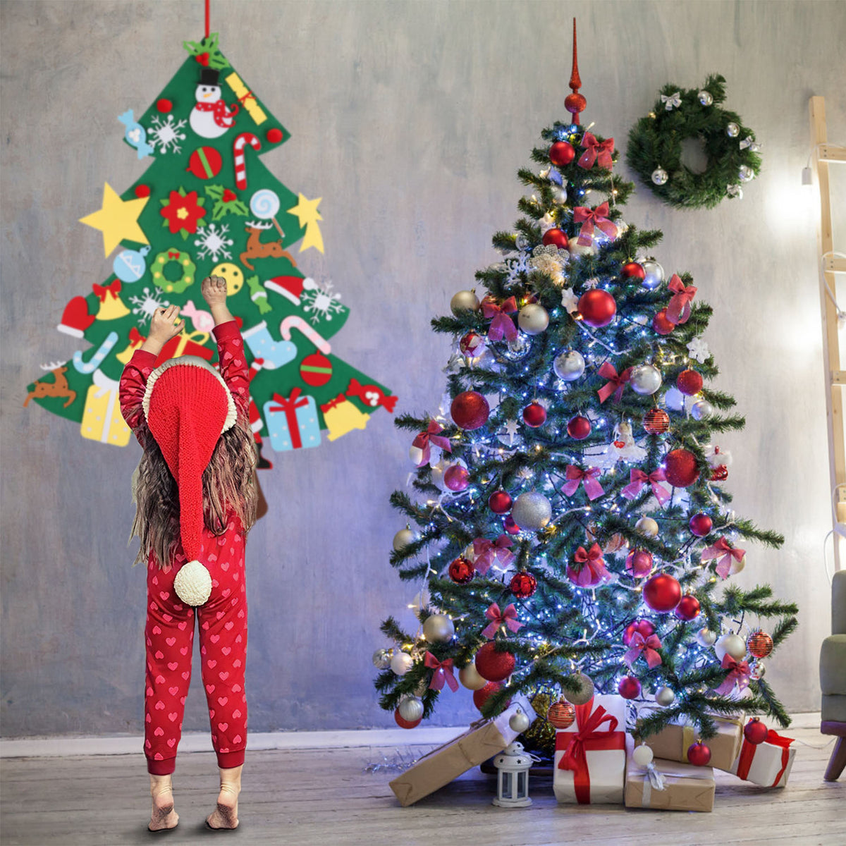 Felt Christmas tree wall hanging with colorful felt ornaments