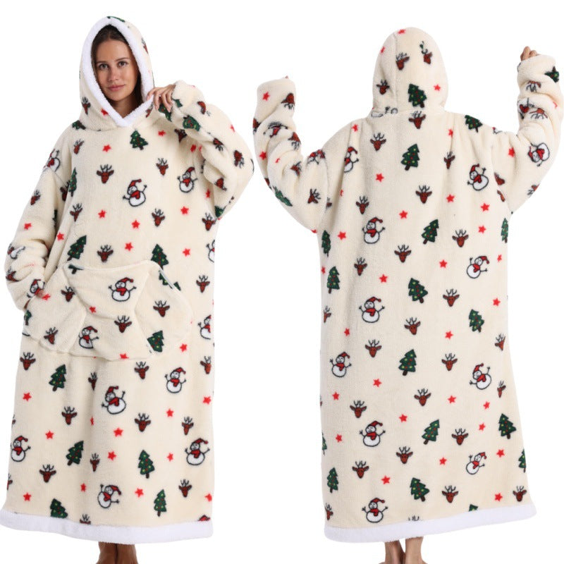 Fleece wearable blanket hoodie, beige Christmas print