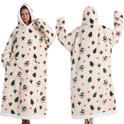 Fleece wearable blanket hoodie, beige Christmas print
