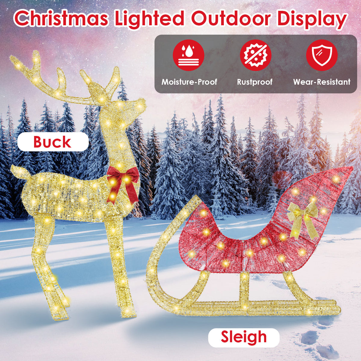 Lighted gold reindeer and red sleigh Christmas decoration