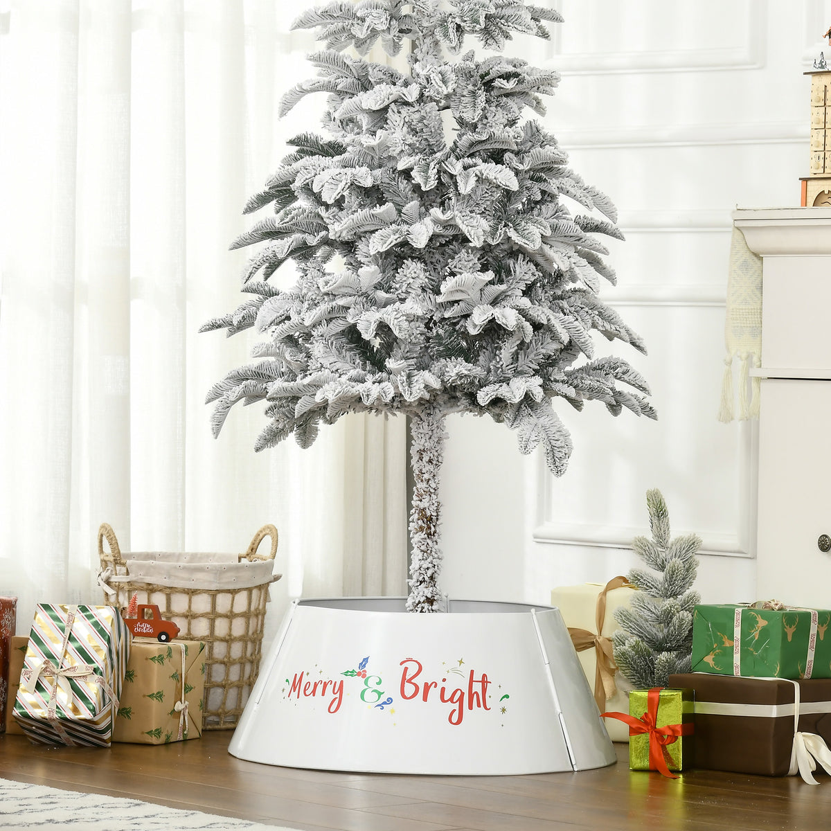 White metal Christmas tree collar with Merry and Bright lettering