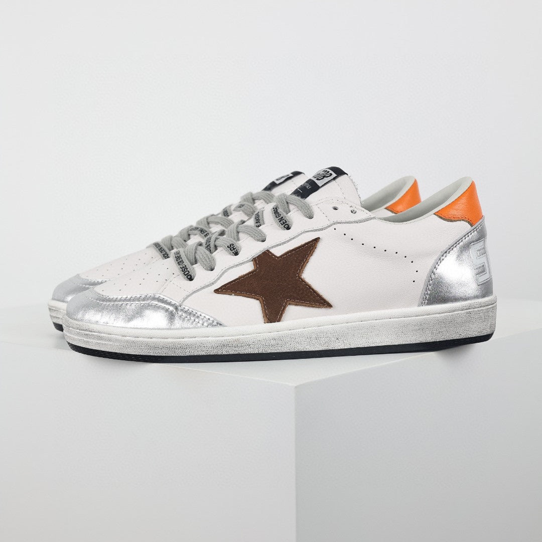 Star patch leather low-top sneakers, brown star with silver trim