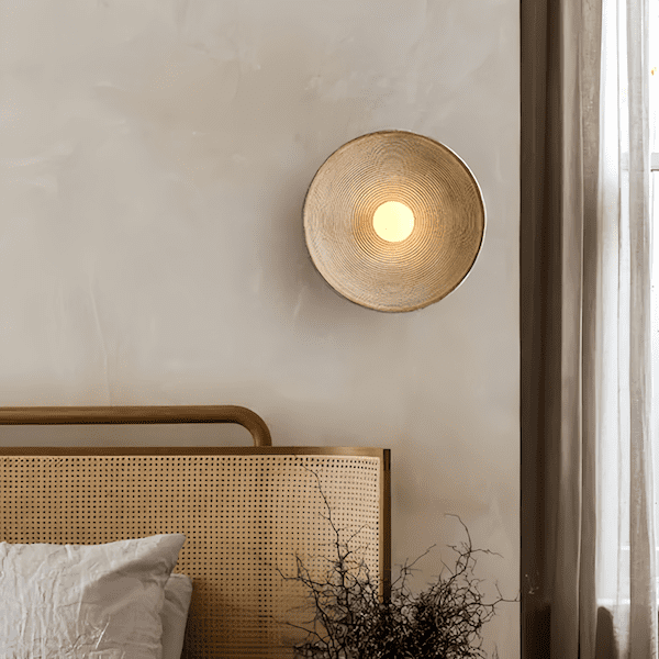 Rustic Round Wall Sconce with Wood-Grain Finish