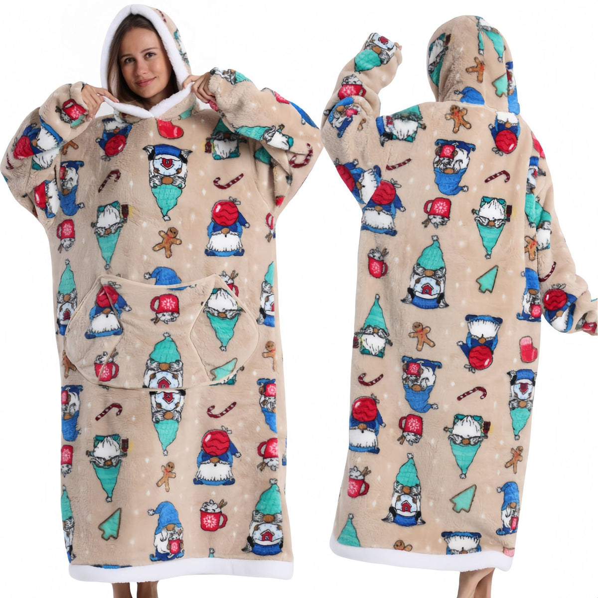 Fleece wearable blanket hoodie, Brown Christmas print