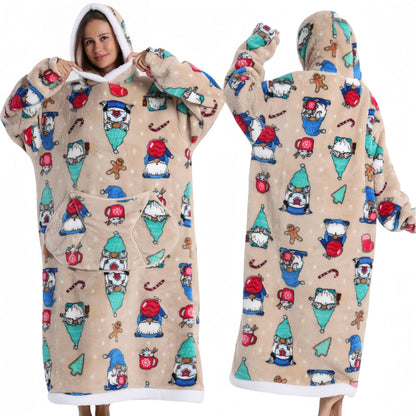 Fleece wearable blanket hoodie, Brown Christmas print