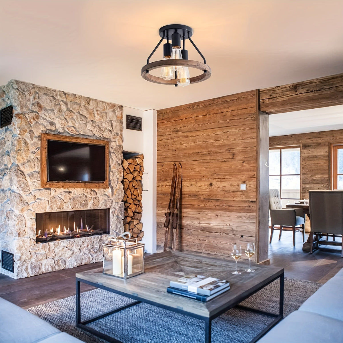 Industrial Wood Ring 3-Light Ceiling Fixture