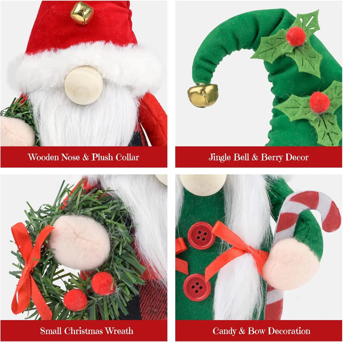 Pair of plush Christmas gnomes in red and green hats