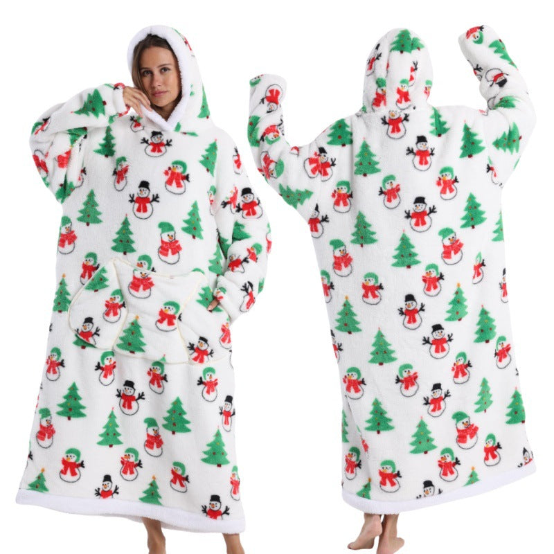 Fleece wearable blanket hoodie, White Background Snowman print