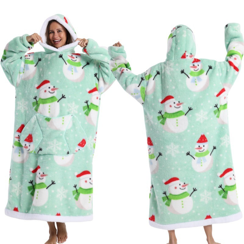 Fleece wearable blanket hoodie, snowman on green background print