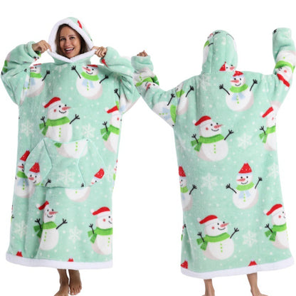Fleece wearable blanket hoodie, snowman on green background print