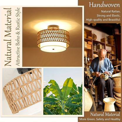 Boho Rattan Linen Ceiling Light