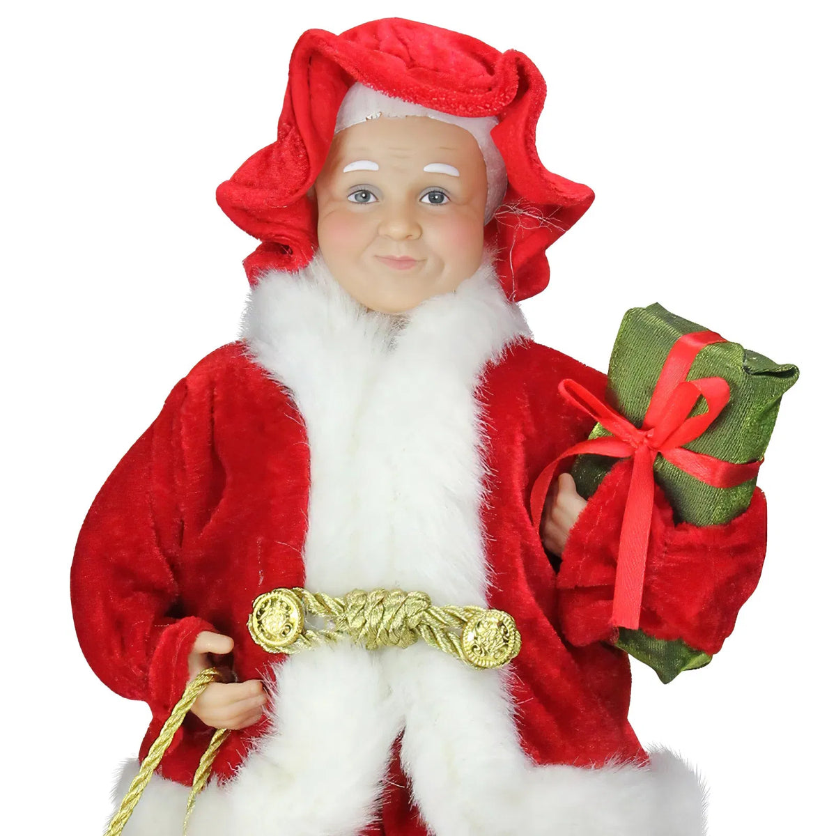 12 inch Mrs. Claus Christmas figure holding a gift and bag