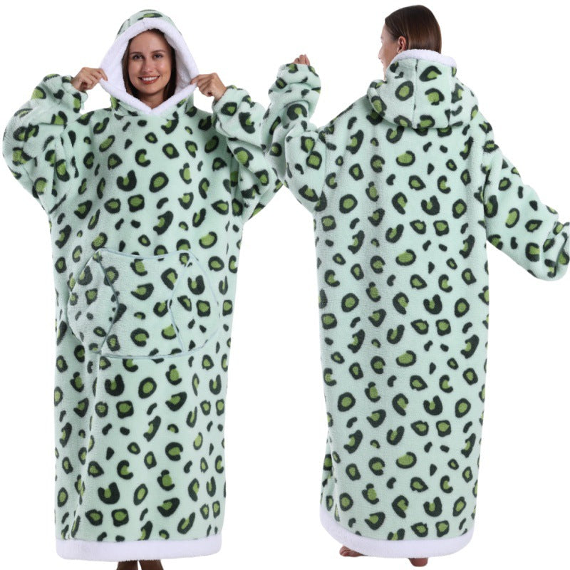 Fleece wearable blanket hoodie, green leopard print