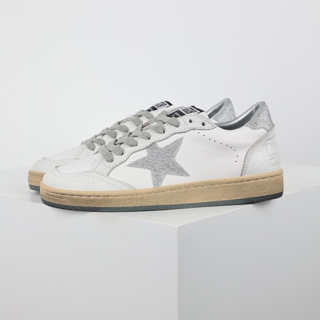 Star patch leather low-top sneakers, silver glitter star