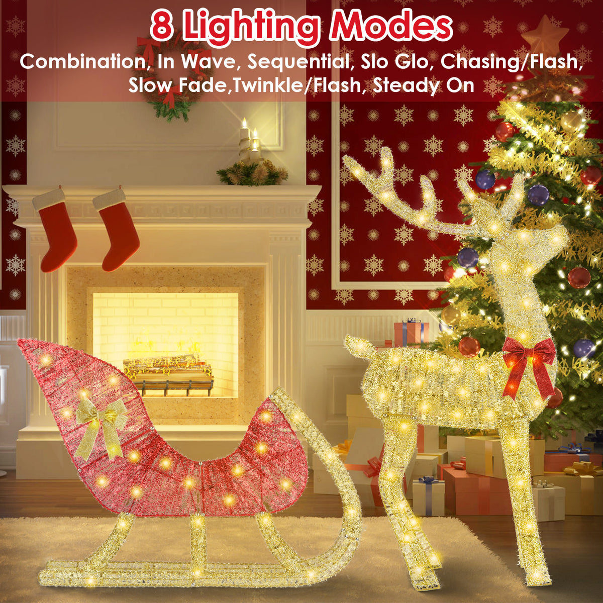 Lighted gold reindeer and red sleigh Christmas decoration
