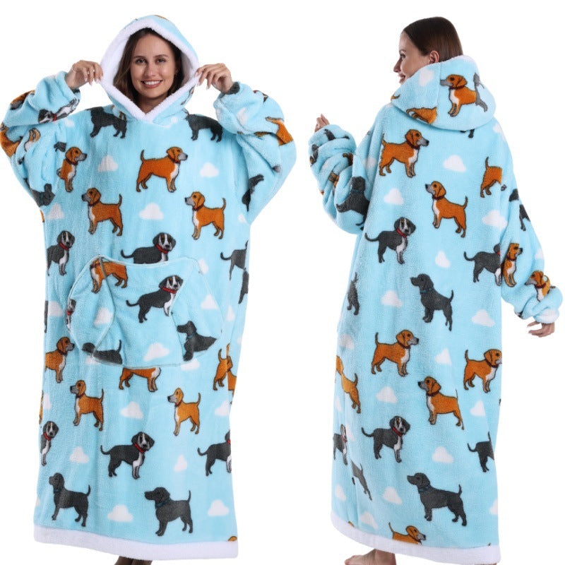 Fleece wearable blanket hoodie, blue dog print