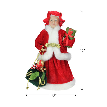 12 inch Mrs. Claus Christmas figure holding a gift and bag