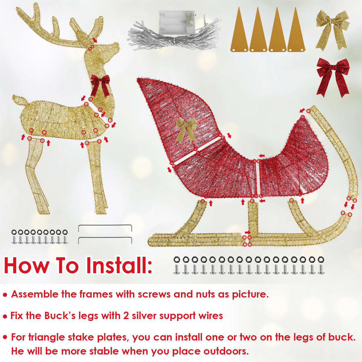 Lighted gold reindeer and red sleigh Christmas decoration