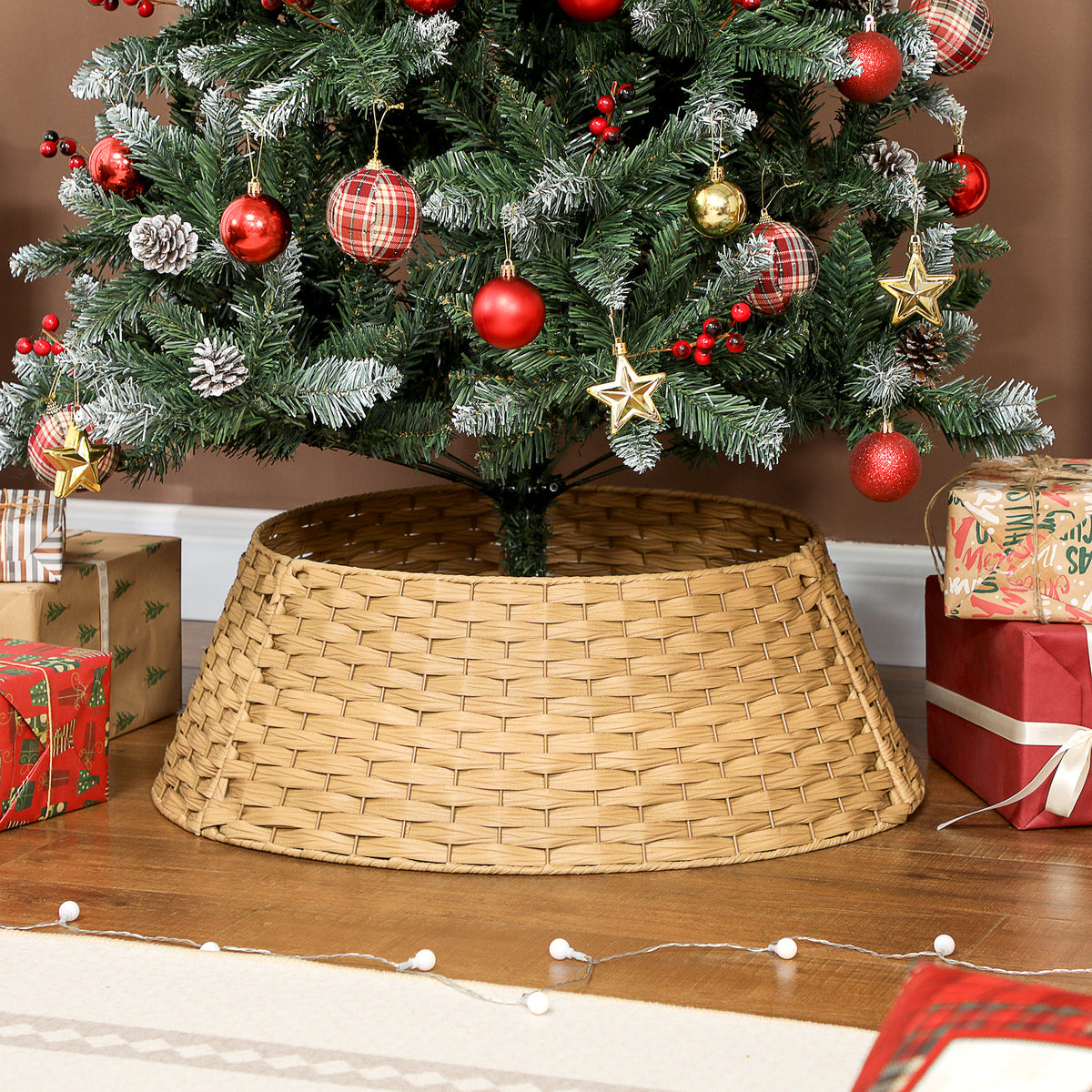 Natural woven Christmas tree collar around the base of a tree