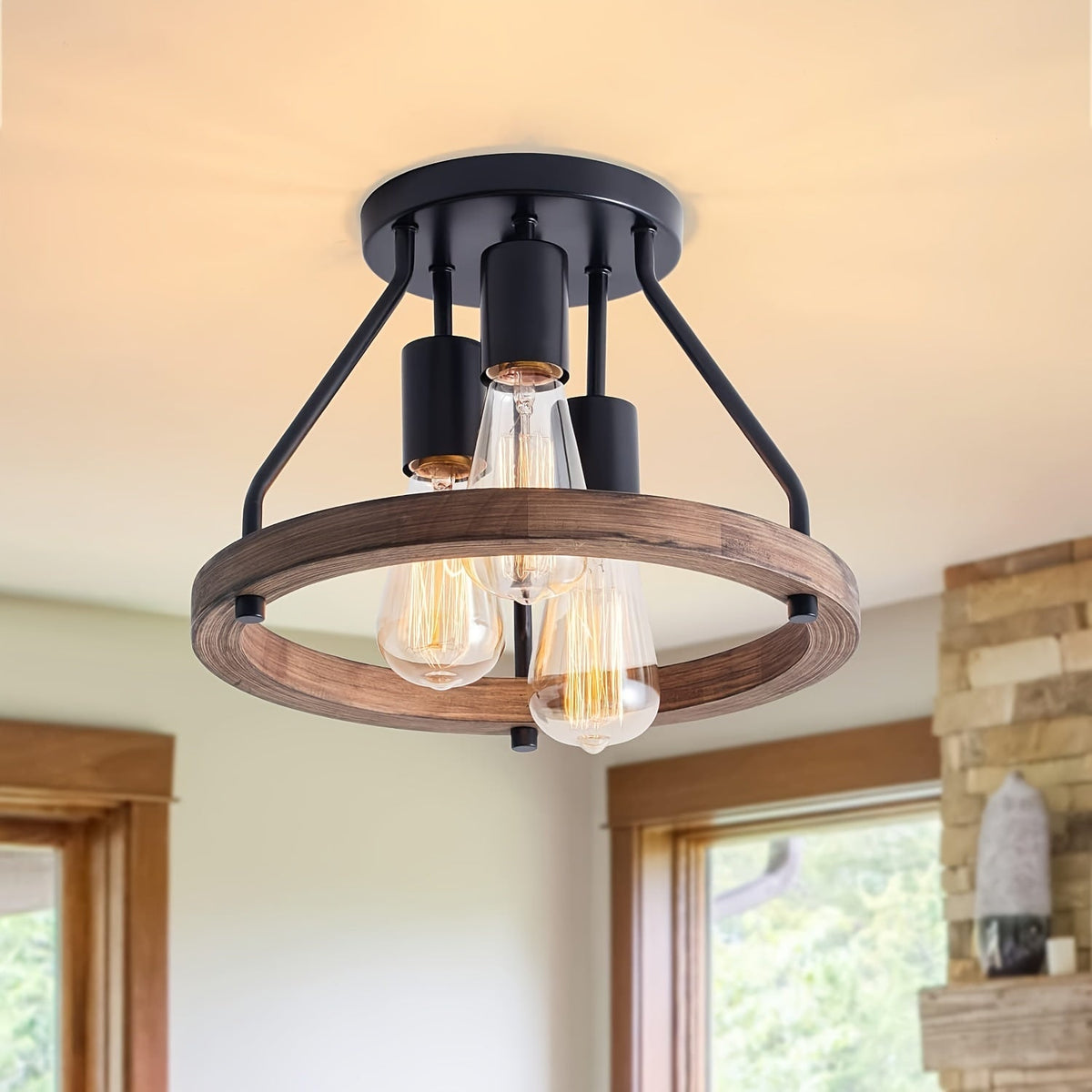 Industrial Wood Ring 3-Light Ceiling Fixture