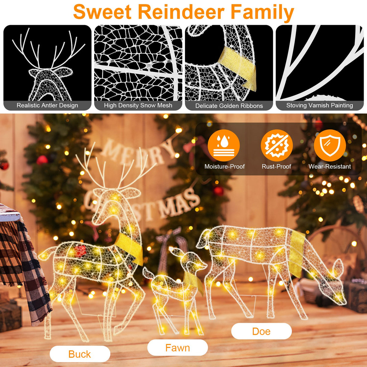 Set of three white lighted reindeer Christmas decorations